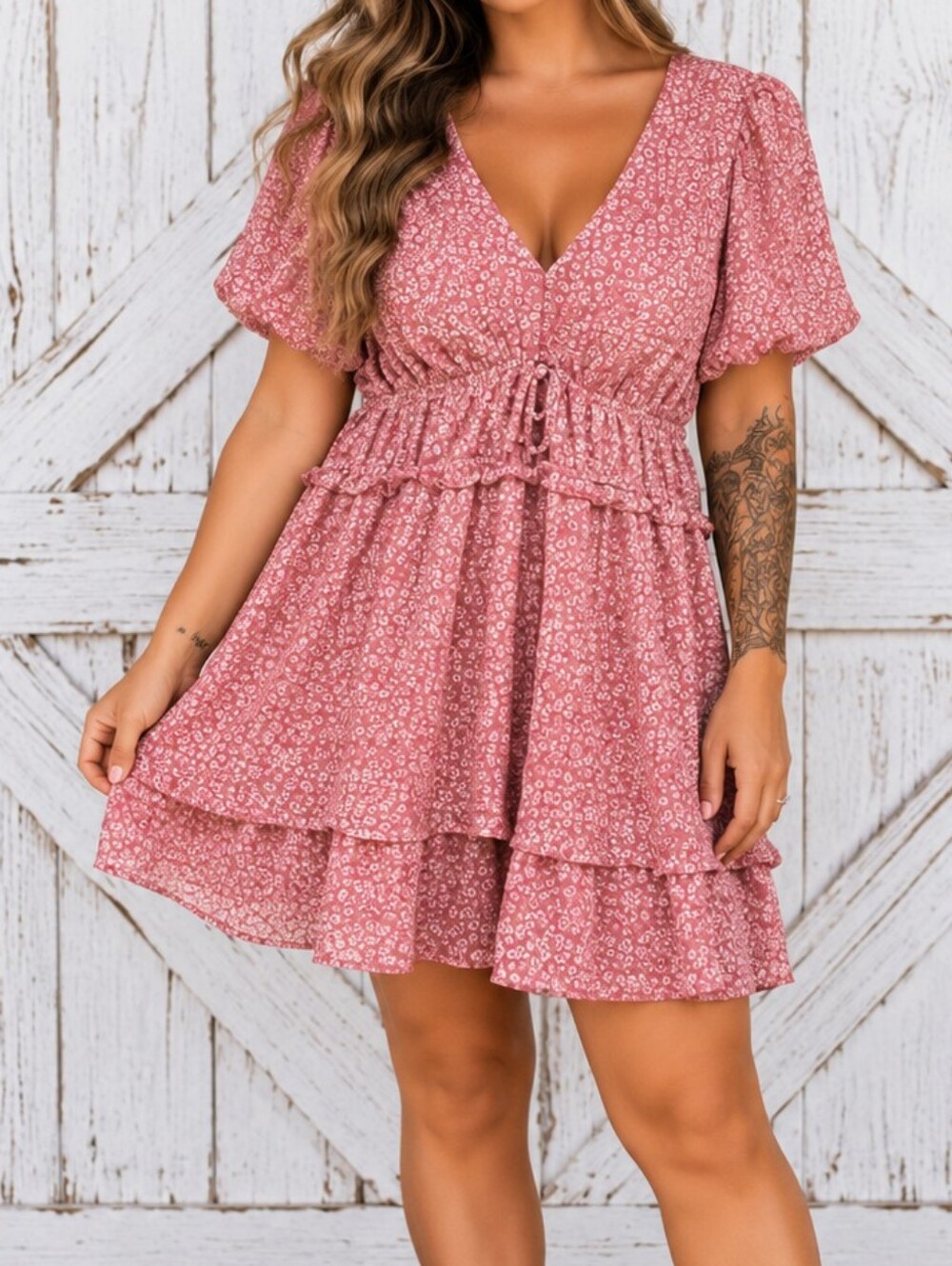 Charlotte Russe Pink Floral Tiered V‑Neck Mini Dress Size S